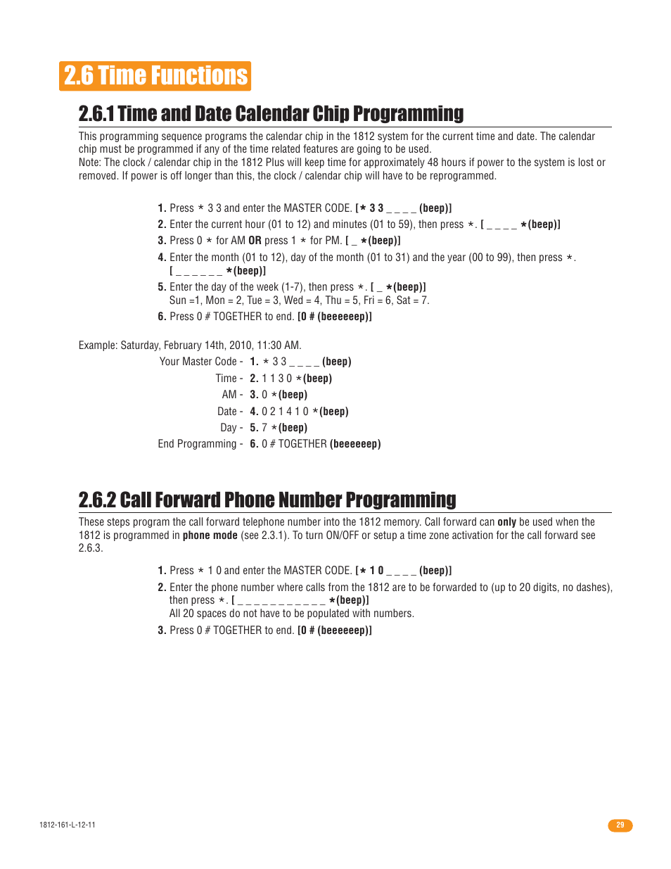 6 time functions, 1 time and date calendar chip programming, 2 call forward phone number programming | DoorKing 1812 Plus User Manual | Page 31 / 50