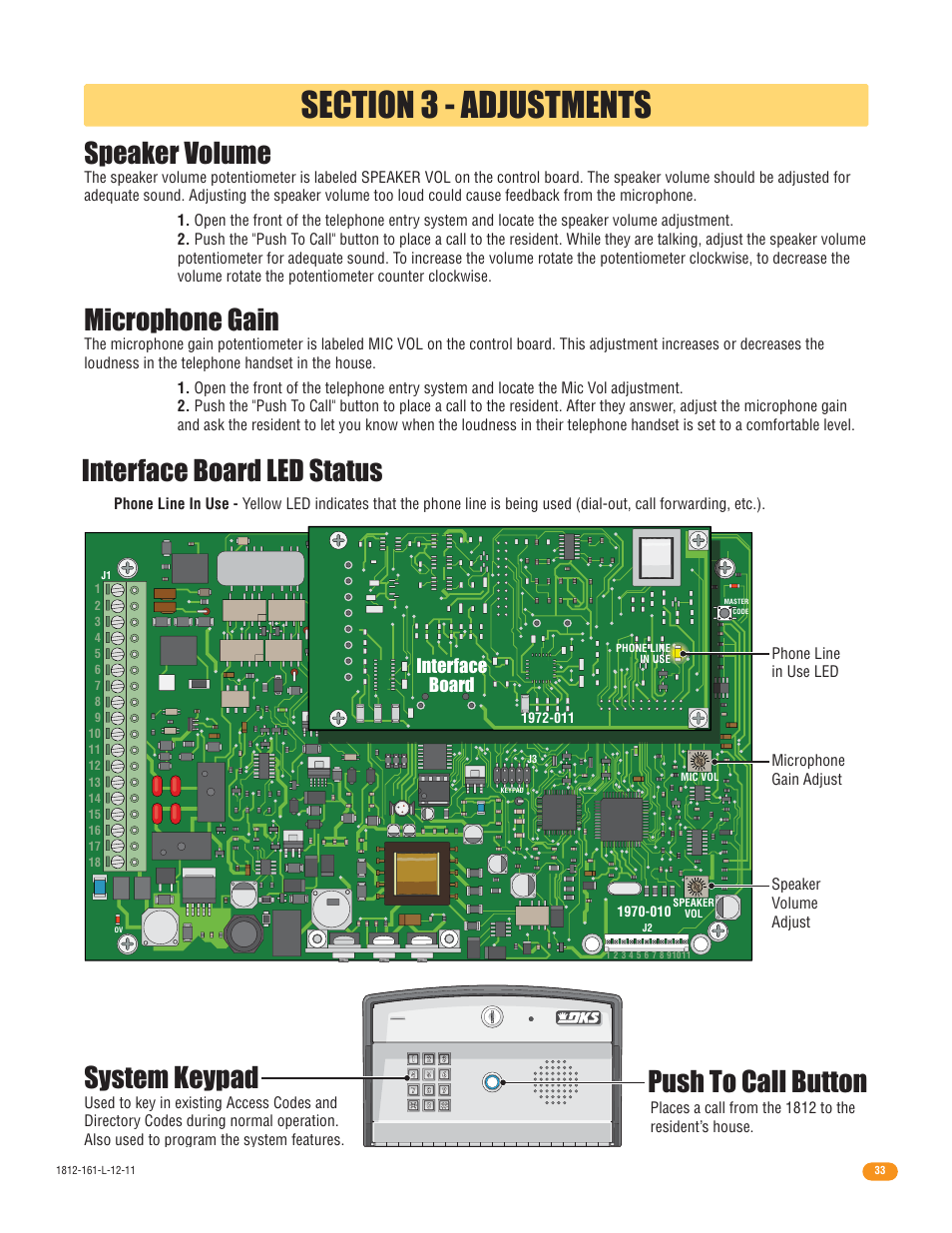 Speaker volume, Microphone gain, Interface board led status push to call button | System keypad, Interface board | DoorKing 1812 Plus User Manual | Page 35 / 50