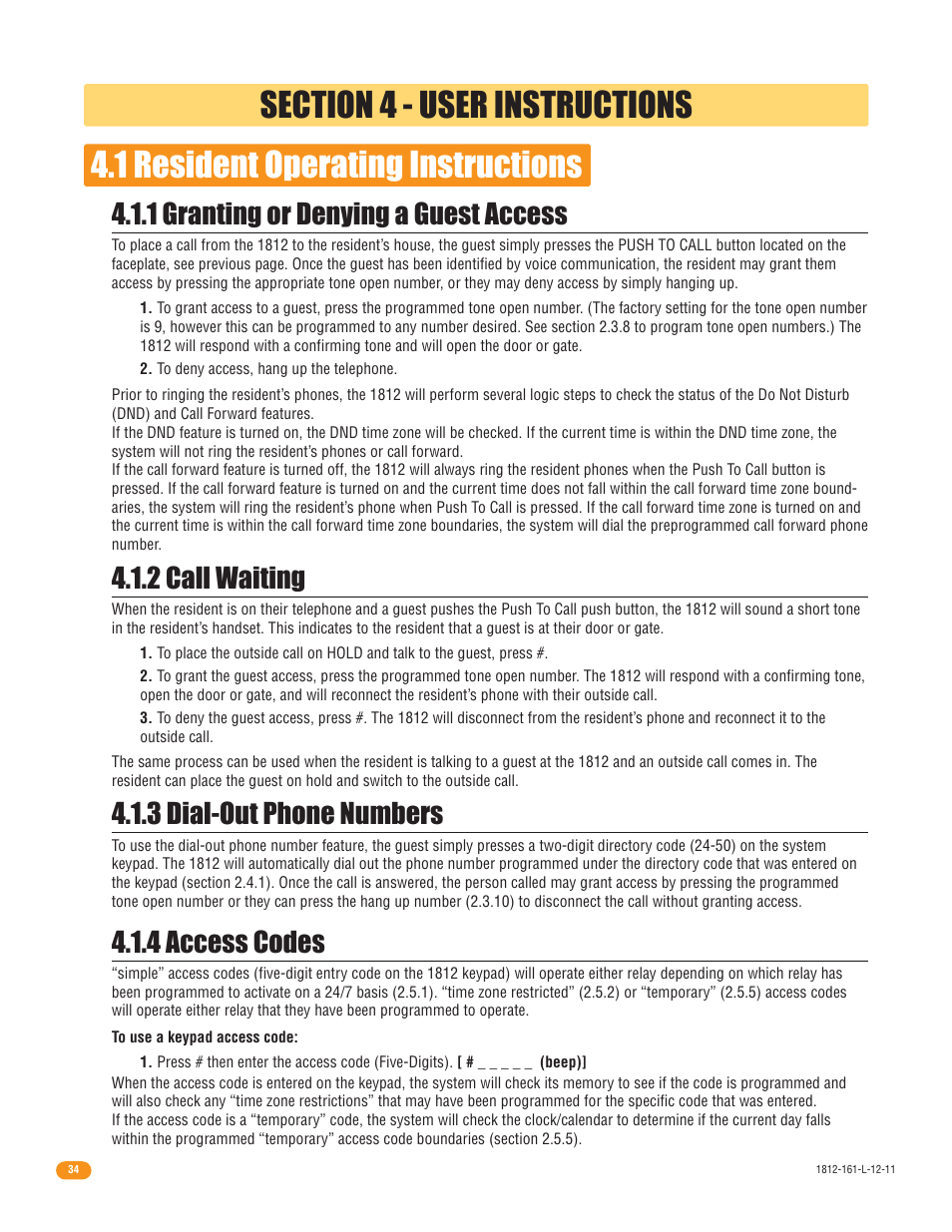 1 resident operating instructions, 1 granting or denying a guest access, 2 call waiting | 4 access codes, 3 dial-out phone numbers | DoorKing 1812 Plus User Manual | Page 36 / 50