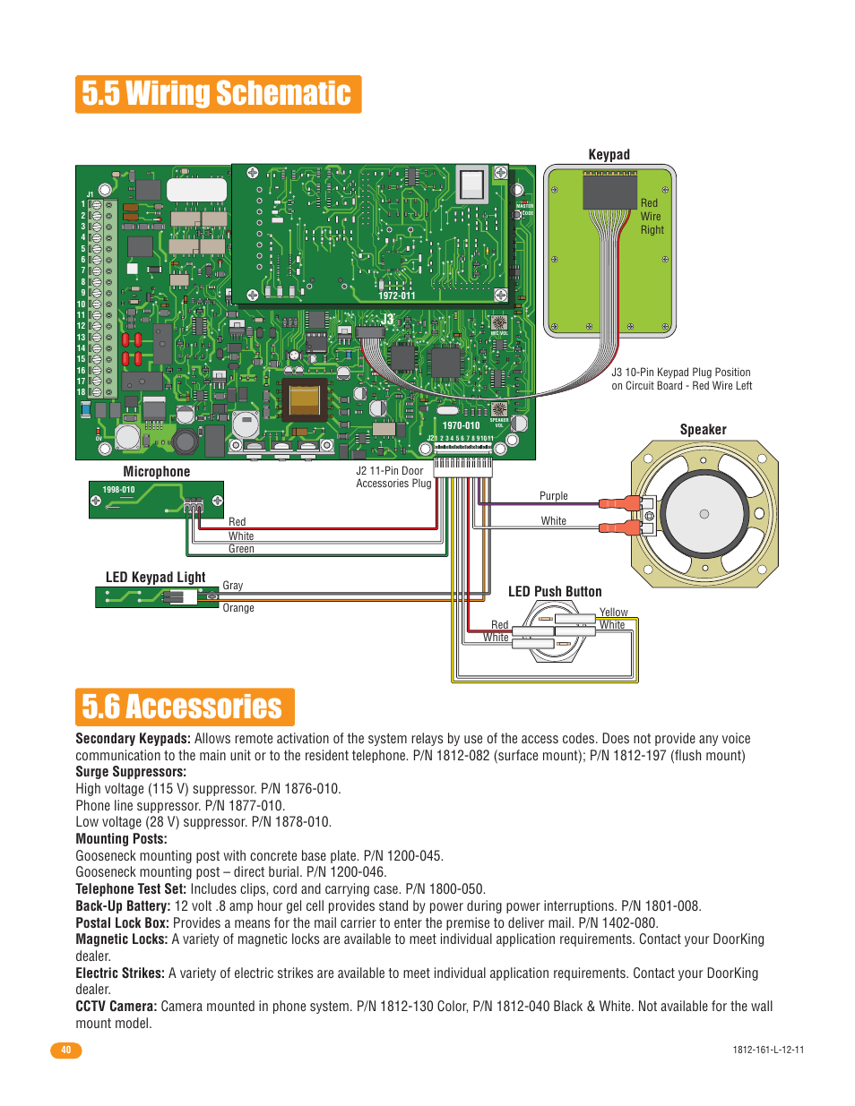 5 wiring schematic 5.6 accessories, Keypad microphone, Led keypad light led push button speaker | DoorKing 1812 Plus User Manual | Page 42 / 50