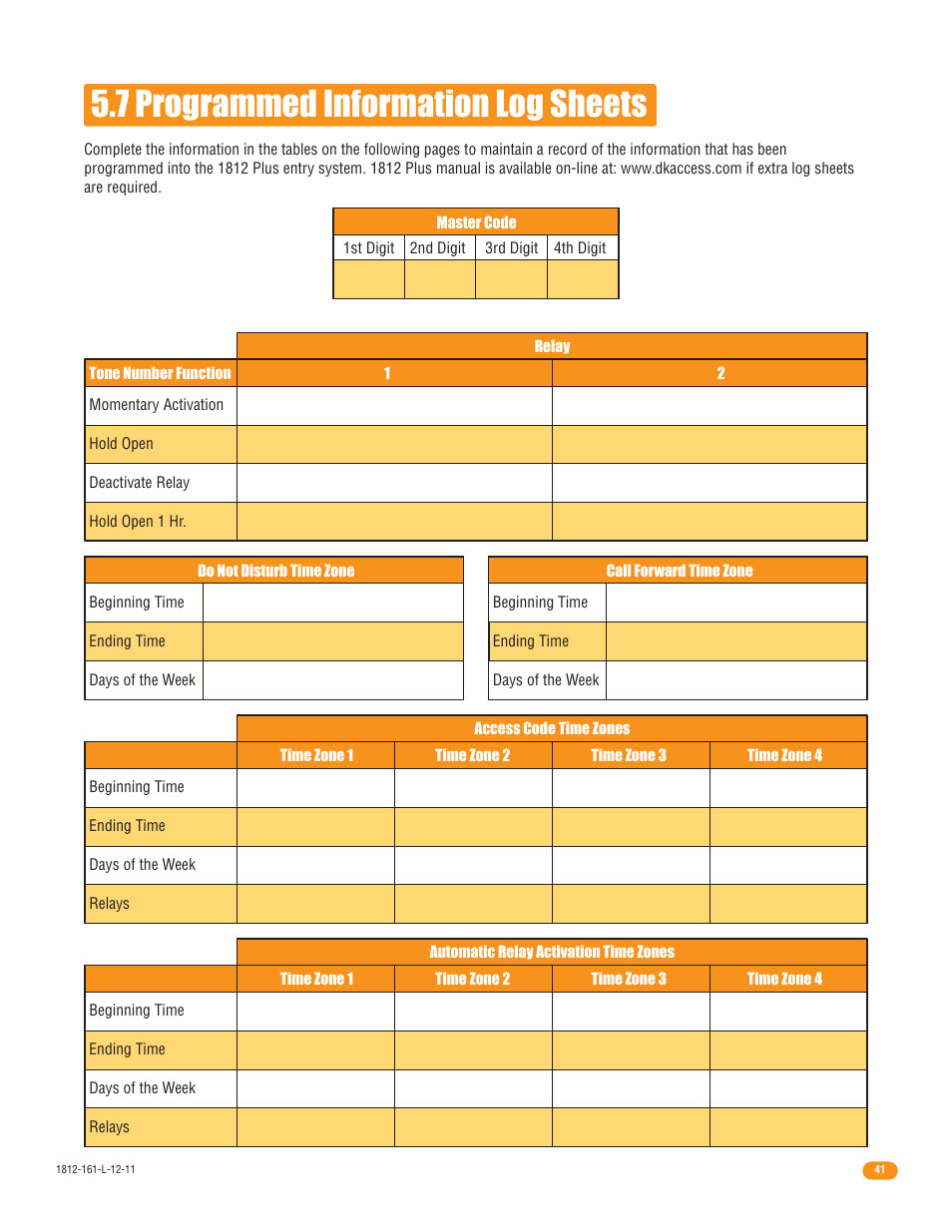7 programmed information log sheets | DoorKing 1812 Plus User Manual | Page 43 / 50