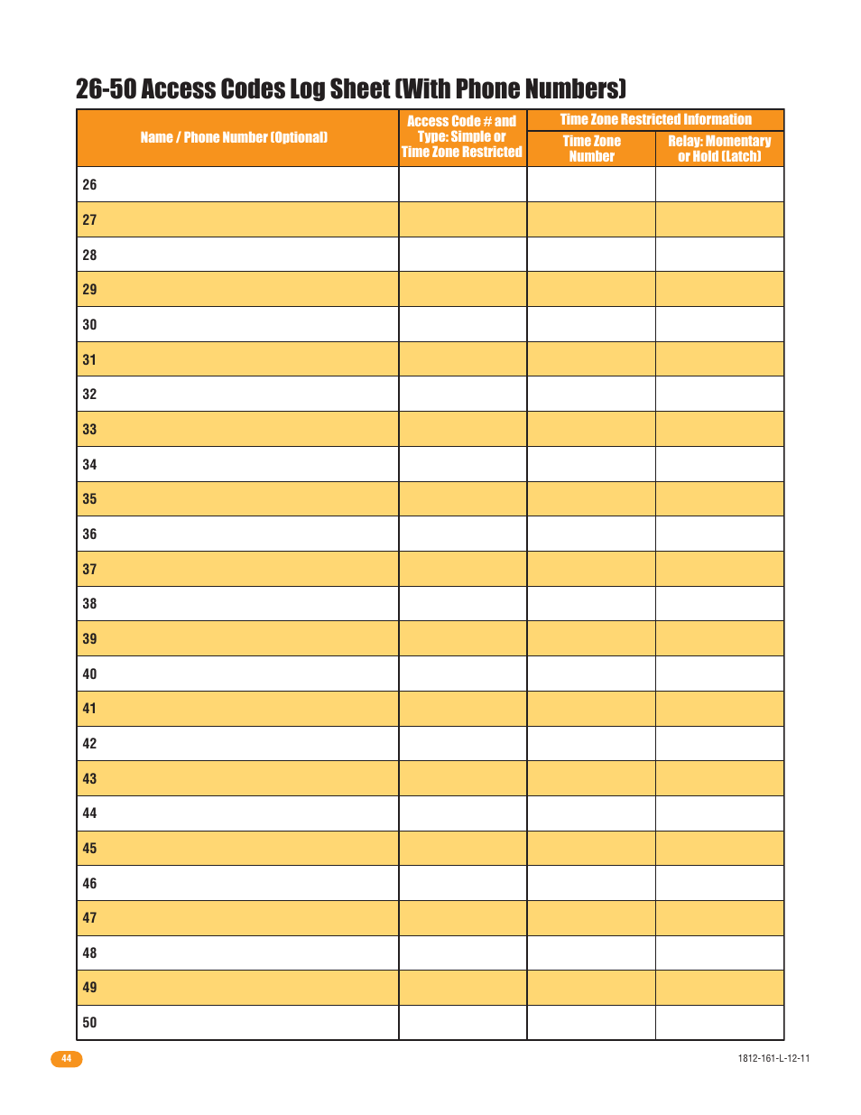 50 access codes log sheet (with phone numbers) | DoorKing 1812 Plus User Manual | Page 46 / 50