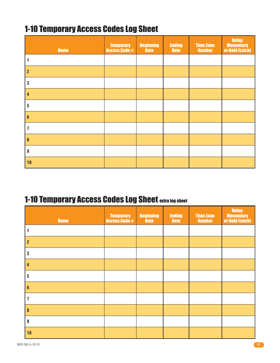 10 temporary access codes log sheet | DoorKing 1812 Plus User Manual | Page 49 / 50
