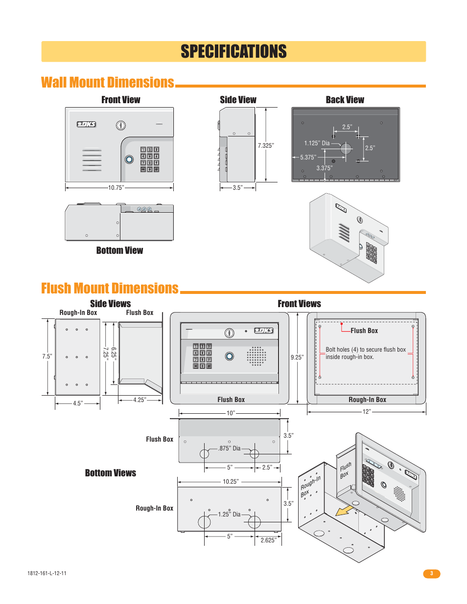 Specifications, Wall mount dimensions flush mount dimensions, Rough-in box | Rough-in box flush box flush box, Flush box | DoorKing 1812 Plus User Manual | Page 5 / 50