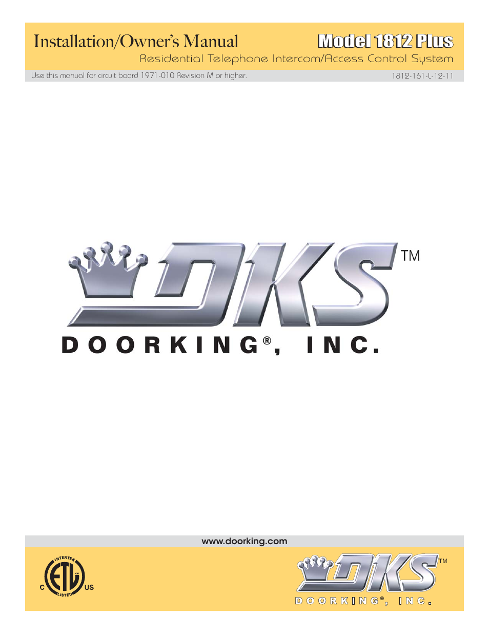 Installation/owner’s manual, Model 1812 plus | DoorKing 1812 Plus User Manual | Page 50 / 50