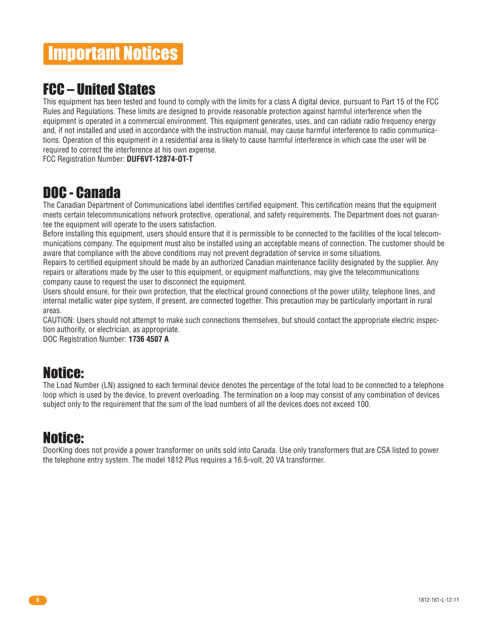 Important notices, Fcc – united states, Doc - canada | Notice | DoorKing 1812 Plus User Manual | Page 8 / 50