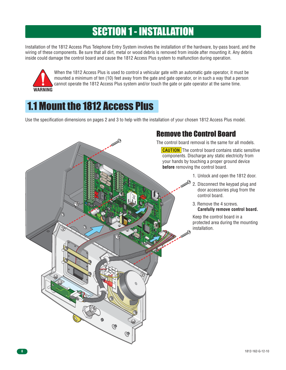 Remove the control board, Warning | Controlled Products Systems Group 1812-090 User Manual | Page 10 / 60