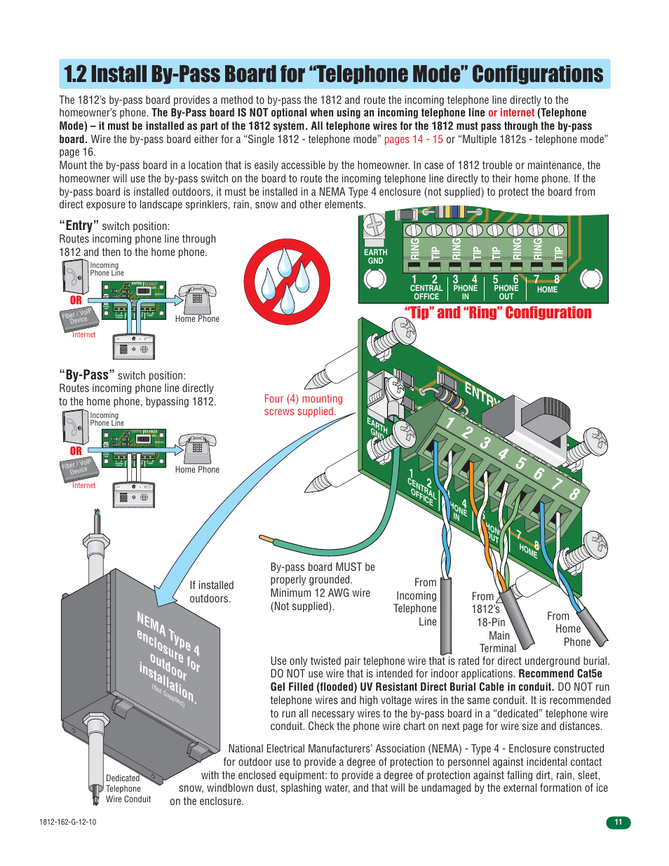 Entry by-pass, Entr y by-p ass, Tip” and “ring” configuration | Nema t ype 4 enclosure for outdoor installation, Entry, By-pass | Controlled Products Systems Group 1812-090 User Manual | Page 13 / 60