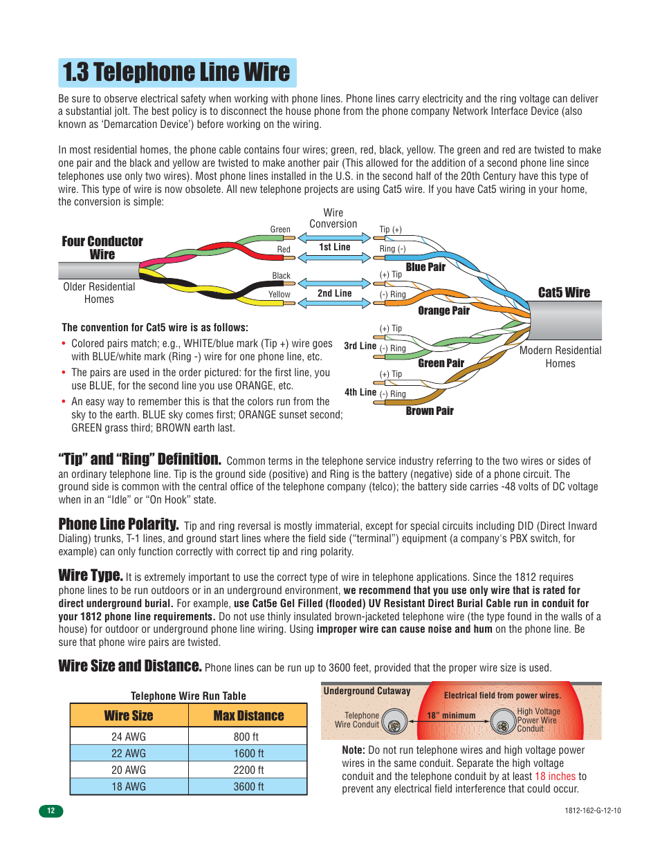 3 telephone line wire, Tip” and “ring” definition, Phone line polarity | Wire type, Wire size and distance | Controlled Products Systems Group 1812-090 User Manual | Page 14 / 60