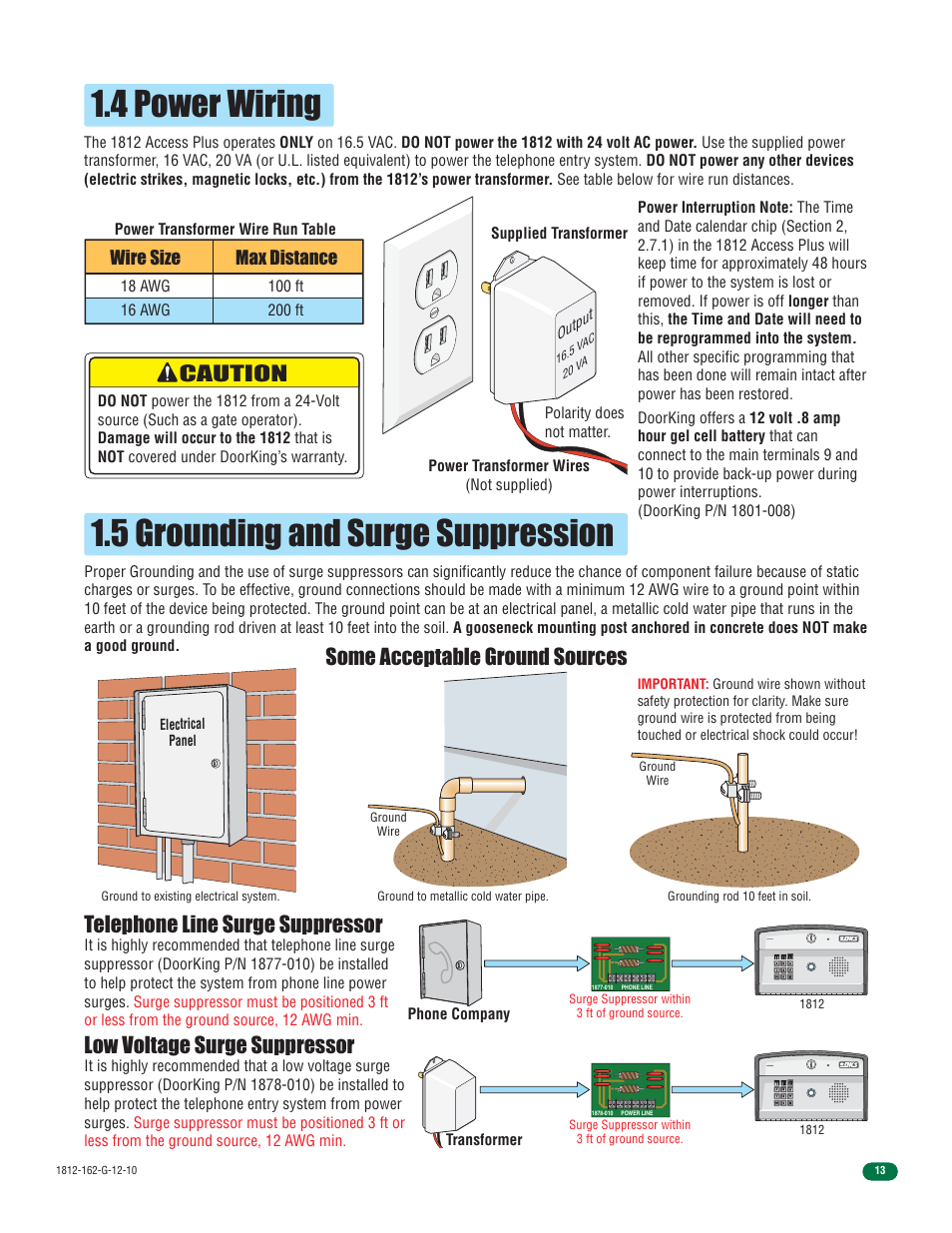 4 power wiring, 5 grounding and surge suppression, Caution | Telephone line surge suppressor, Low voltage surge suppressor, Some acceptable ground sources, Wire size max distance | Controlled Products Systems Group 1812-090 User Manual | Page 15 / 60