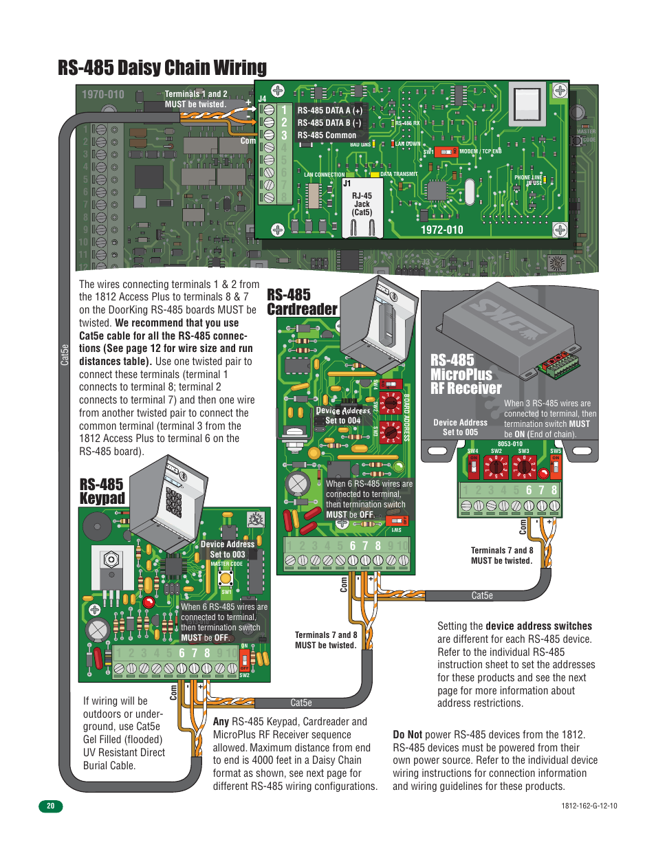 Rs-485 daisy chain wiring, Rs-485 microplus rf receiver, Cat5e | On 0, 21 on | Controlled Products Systems Group 1812-090 User Manual | Page 22 / 60