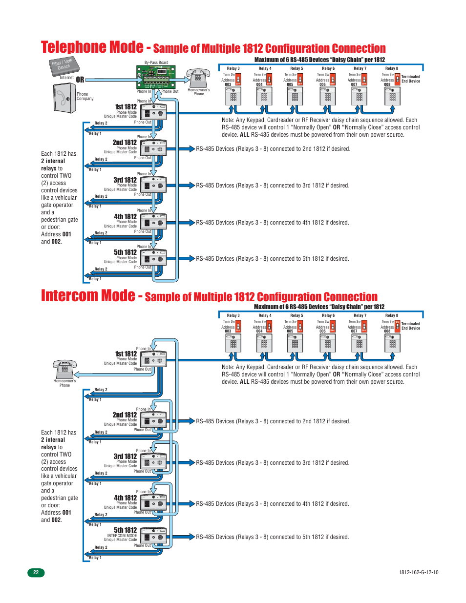 Telephone mode, Intercom mode, Sample of multiple 1812 configuration connection | Controlled Products Systems Group 1812-090 User Manual | Page 24 / 60