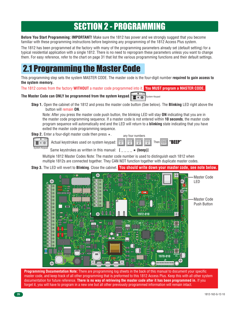 1 programming the master code, Beep | Controlled Products Systems Group 1812-090 User Manual | Page 28 / 60