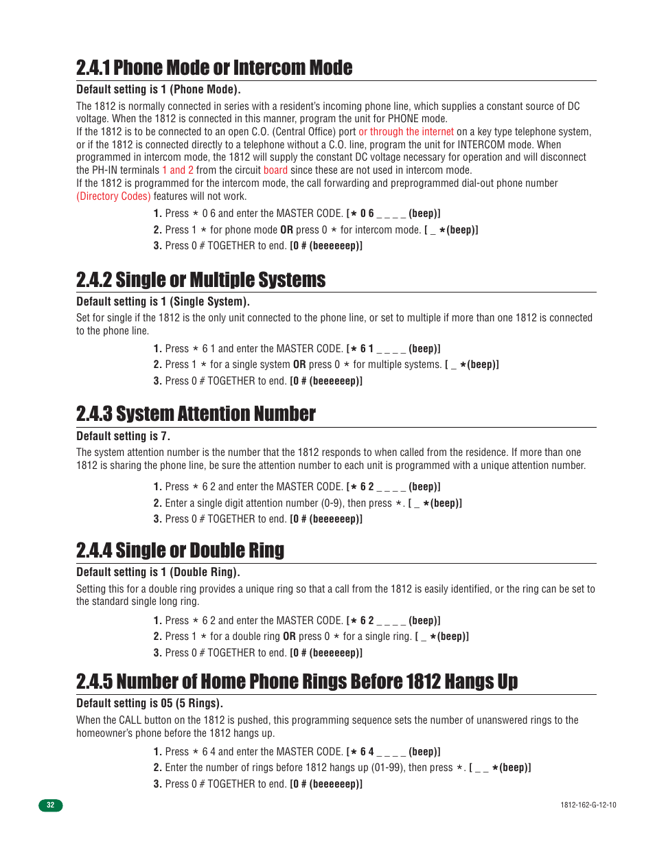 1 phone mode or intercom mode, 2 single or multiple systems, 3 system attention number | 4 single or double ring | Controlled Products Systems Group 1812-090 User Manual | Page 34 / 60