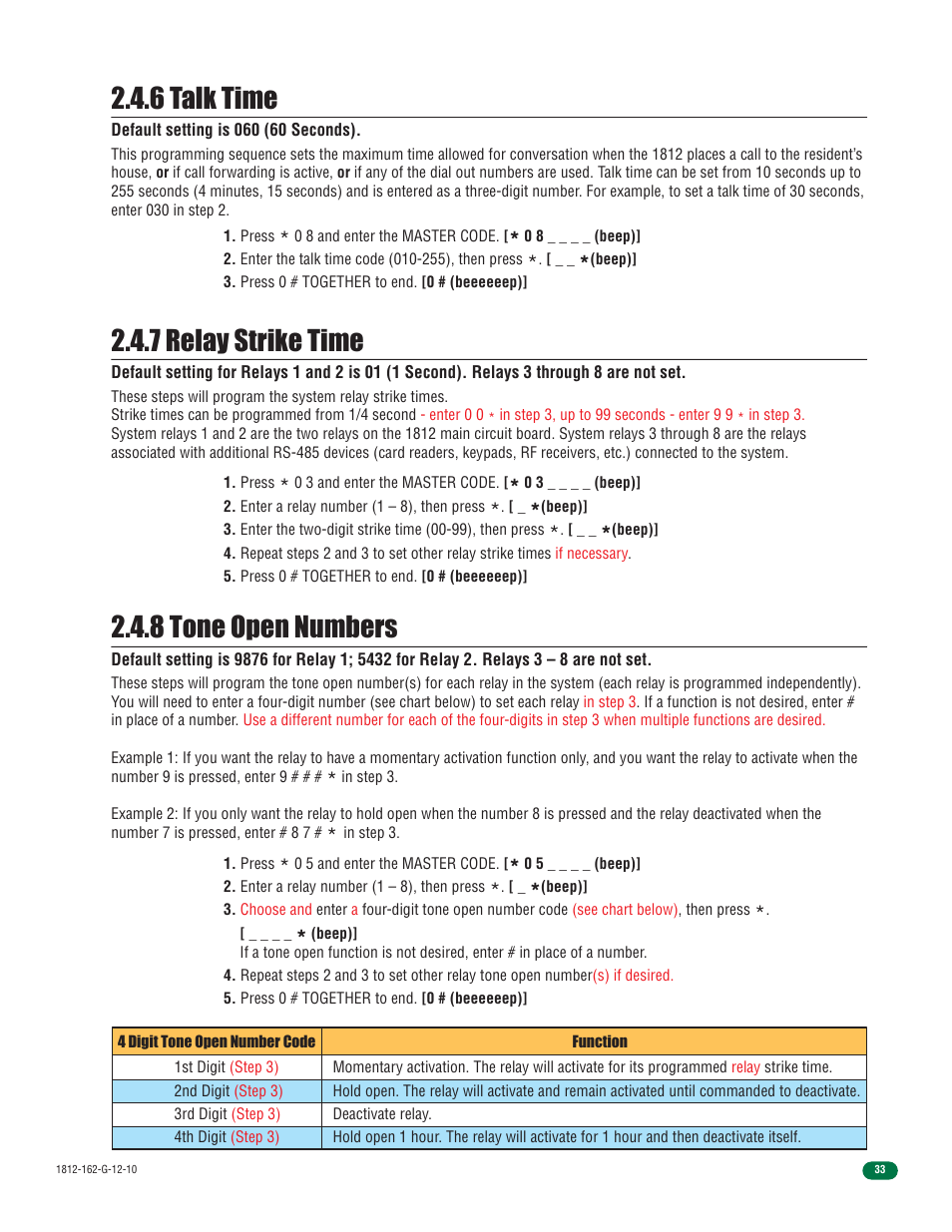 6 talk time, 7 relay strike time, 8 tone open numbers | Controlled Products Systems Group 1812-090 User Manual | Page 35 / 60
