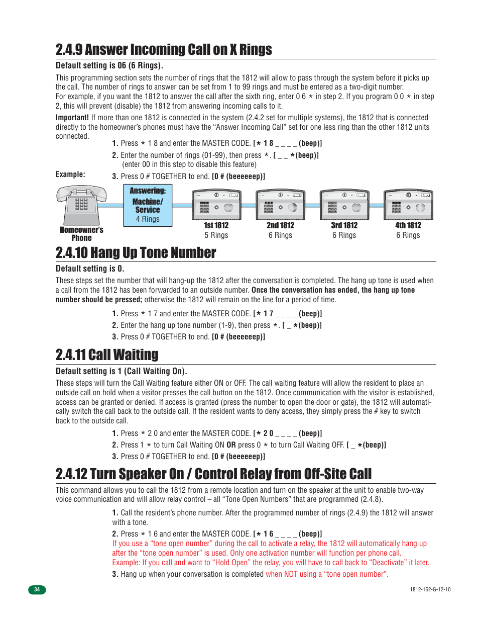 11 call waiting, 10 hang up tone number, 9 answer incoming call on x rings | Default setting is 1 (call waiting on), Default setting is 0, Default setting is 06 (6 rings) | Controlled Products Systems Group 1812-090 User Manual | Page 36 / 60