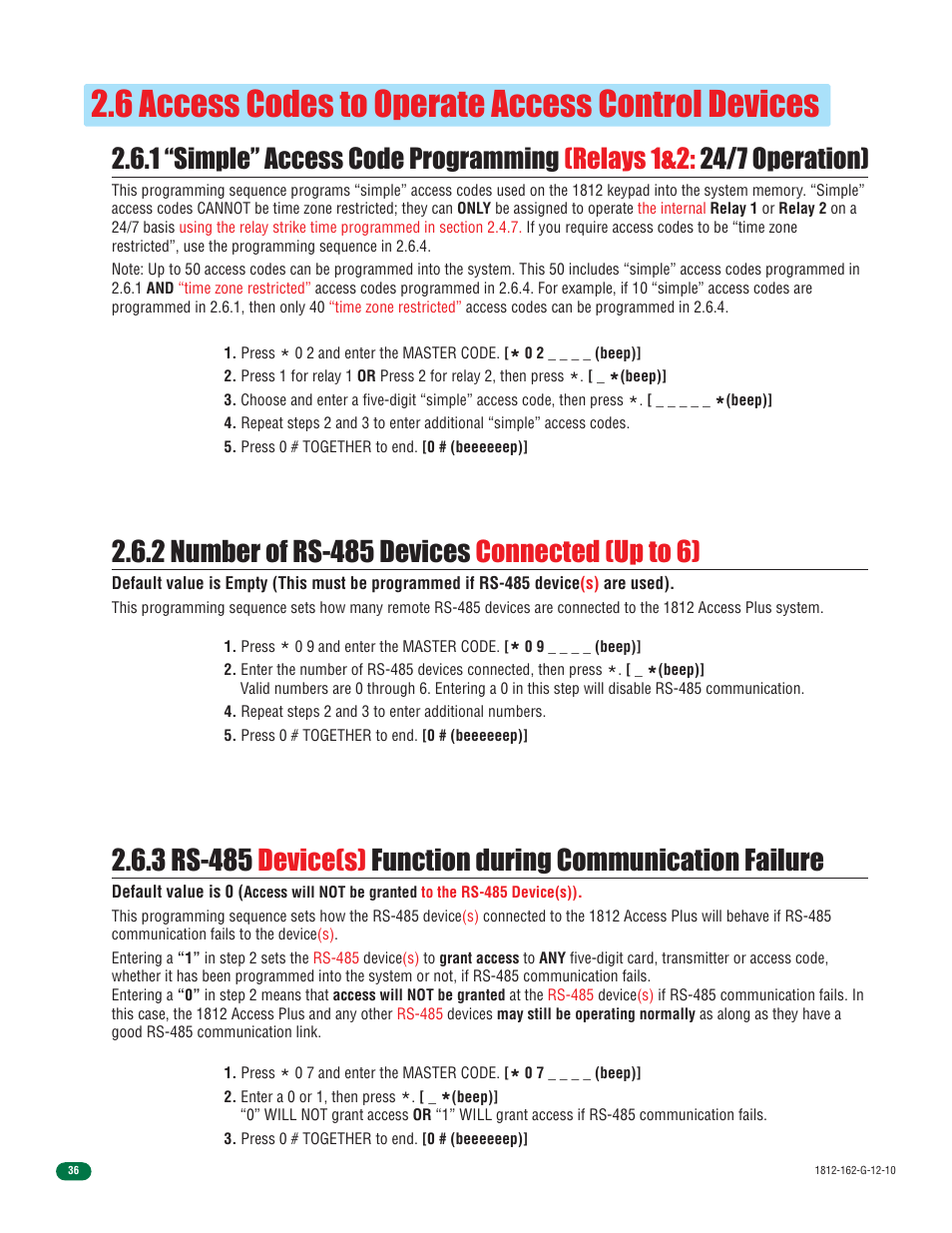 6 access codes to operate access control devices | Controlled Products Systems Group 1812-090 User Manual | Page 38 / 60