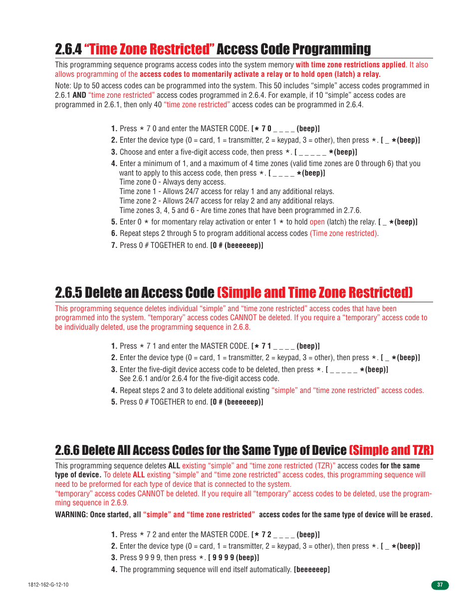 4 “time zone restricted” access code programming | Controlled Products Systems Group 1812-090 User Manual | Page 39 / 60