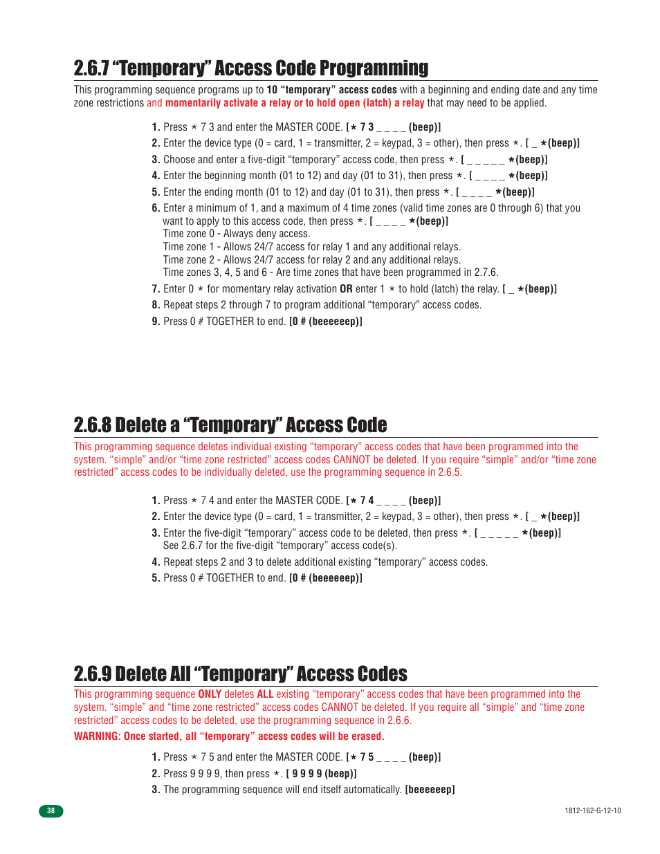 8 delete a “temporary” access code, 7 “temporary” access code programming, 9 delete all “temporary” access codes | Controlled Products Systems Group 1812-090 User Manual | Page 40 / 60