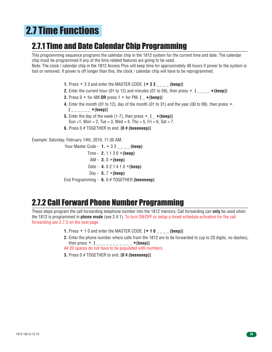 7 time functions, 1 time and date calendar chip programming, 2 call forward phone number programming | Controlled Products Systems Group 1812-090 User Manual | Page 41 / 60