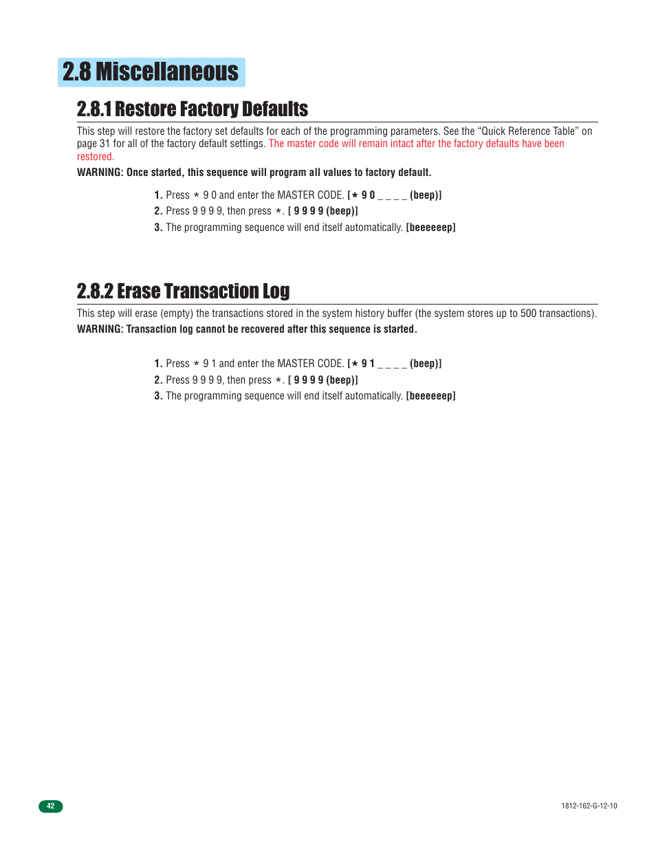 8 miscellaneous, 1 restore factory defaults, 2 erase transaction log | Controlled Products Systems Group 1812-090 User Manual | Page 44 / 60