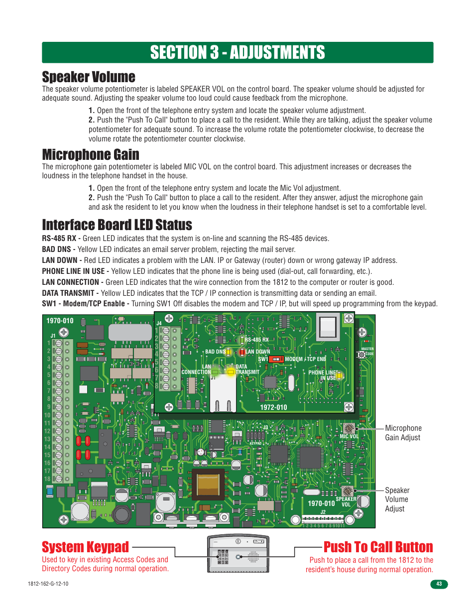 Speaker volume, Microphone gain interface board led status, Push to call button | System keypad, Microphone gain adjust, Speaker volume adjust | Controlled Products Systems Group 1812-090 User Manual | Page 45 / 60