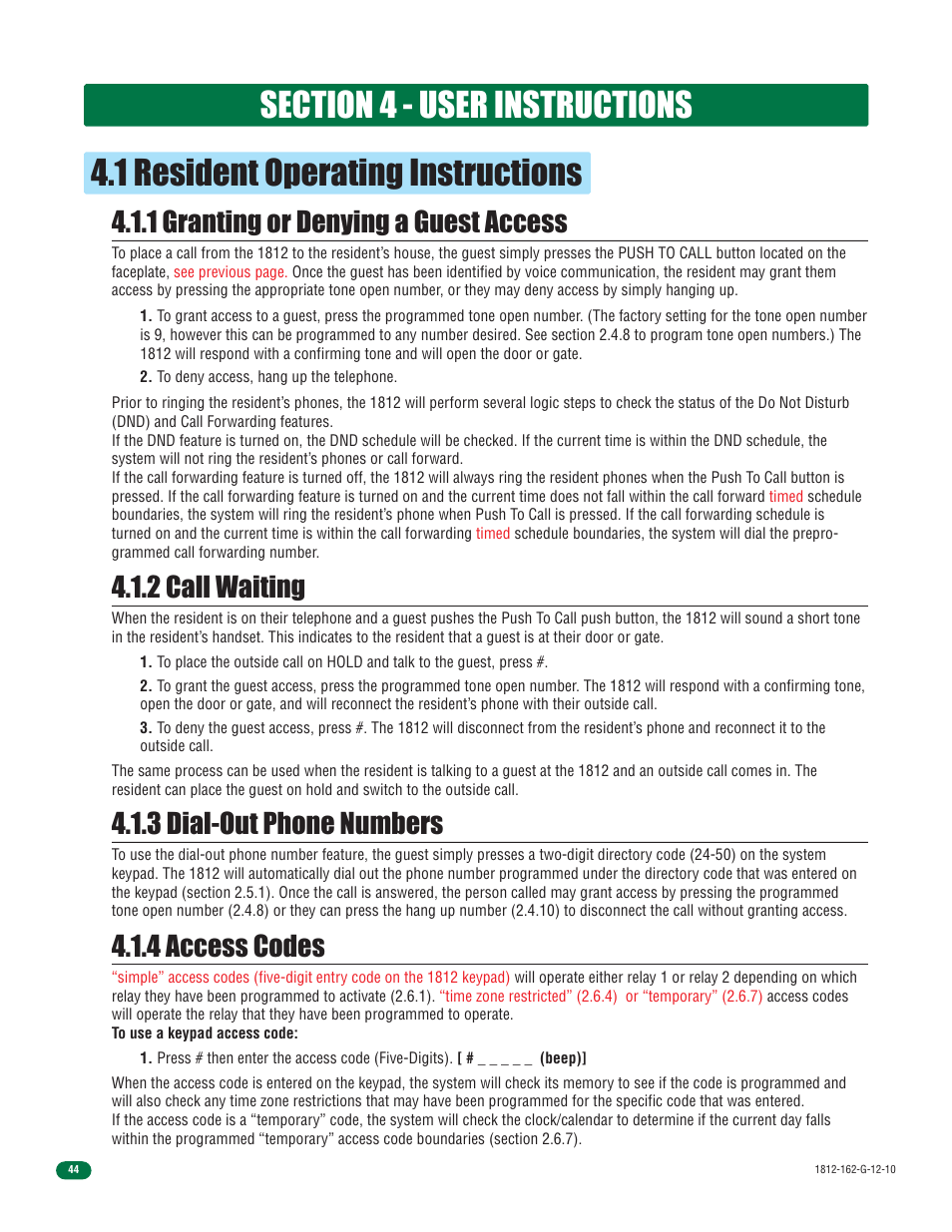 1 resident operating instructions, 1 granting or denying a guest access, 2 call waiting | 4 access codes, 3 dial-out phone numbers | Controlled Products Systems Group 1812-090 User Manual | Page 46 / 60
