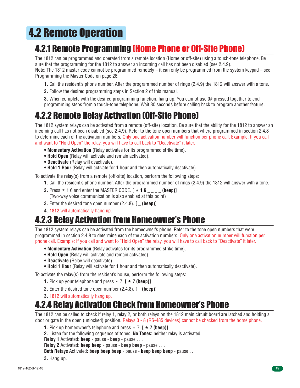 2 remote operation, 2 remote relay activation (off-site phone), 4 relay activation check from homeowner’s phone | 3 relay activation from homeowner’s phone | Controlled Products Systems Group 1812-090 User Manual | Page 47 / 60