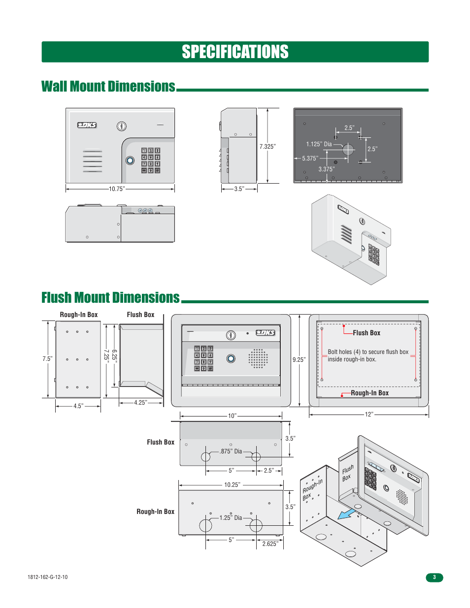 Specifications, Wall mount dimensions flush mount dimensions, Rough-in box | Rough-in box flush box, Flush box | Controlled Products Systems Group 1812-090 User Manual | Page 5 / 60