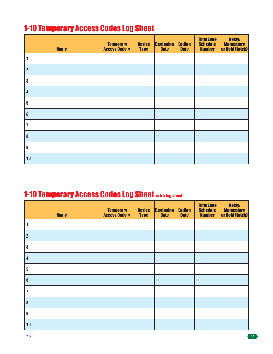 10 temporary access codes log sheet | Controlled Products Systems Group 1812-090 User Manual | Page 59 / 60