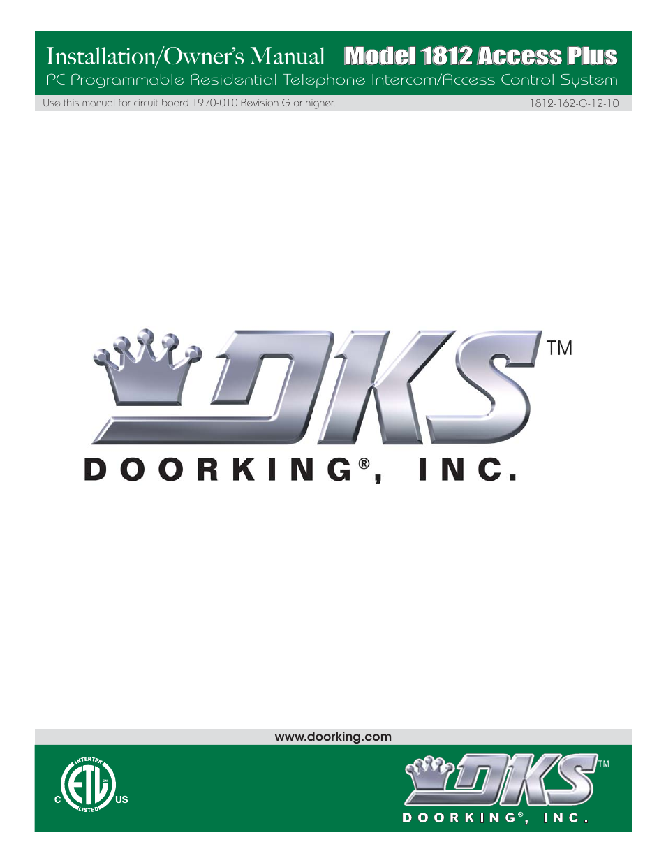 Installation/owner’s manual, Model 1812 access plus | Controlled Products Systems Group 1812-090 User Manual | Page 60 / 60