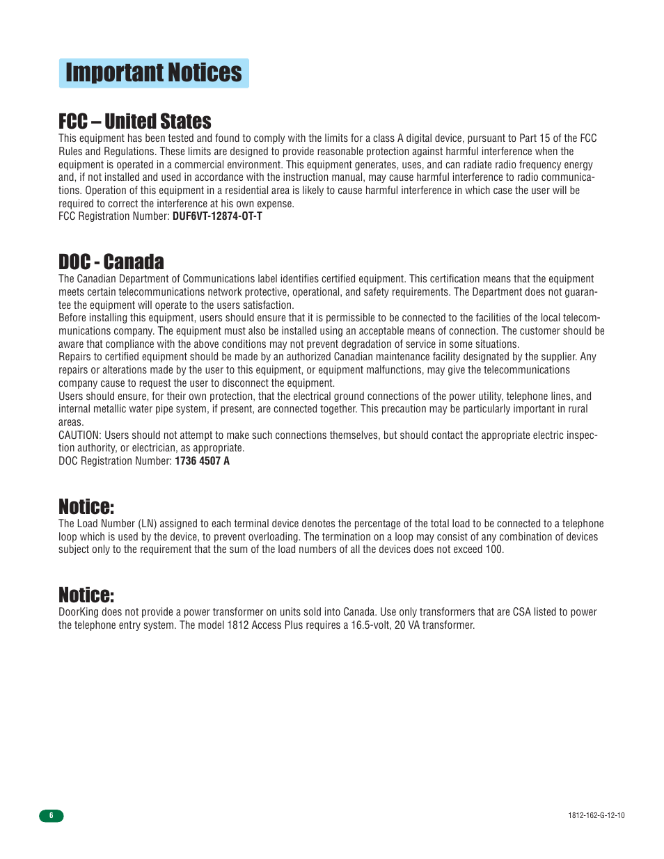Important notices, Fcc – united states, Doc - canada | Notice | Controlled Products Systems Group 1812-090 User Manual | Page 8 / 60