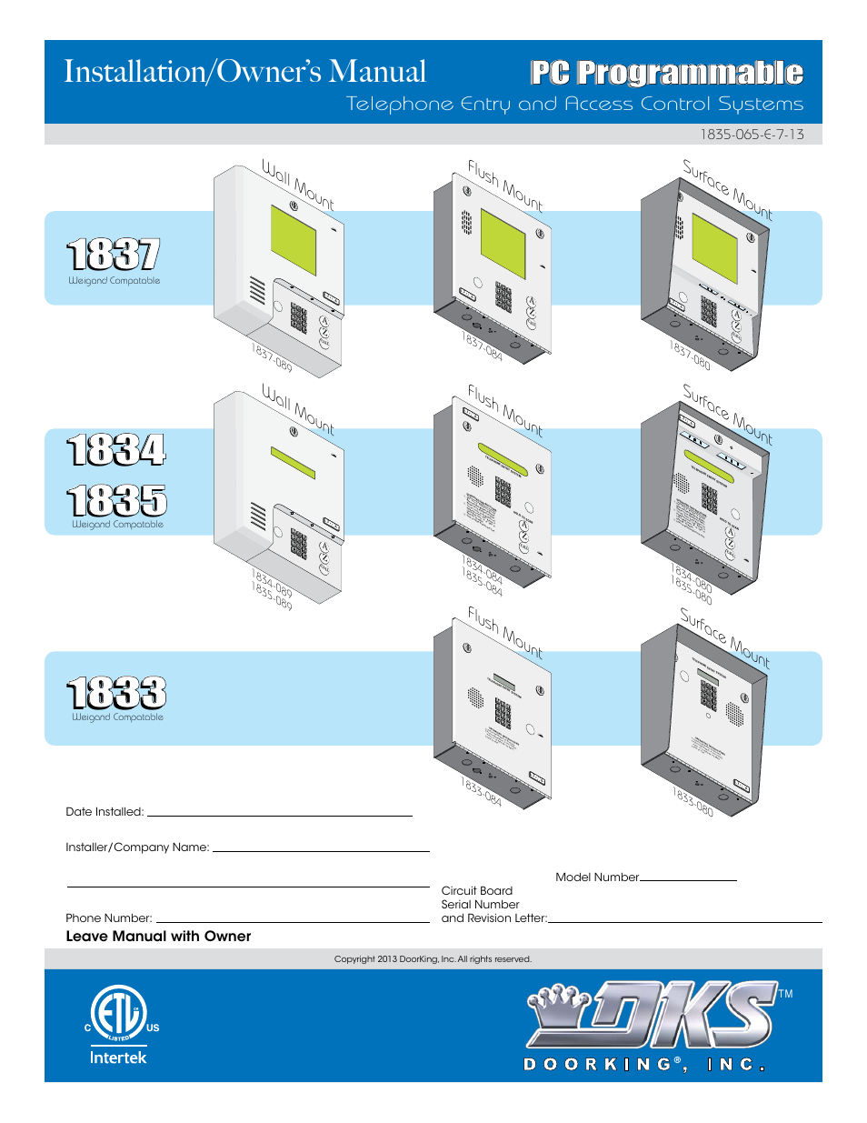 DoorKing 1833 PC Programmable User Manual | 70 pages