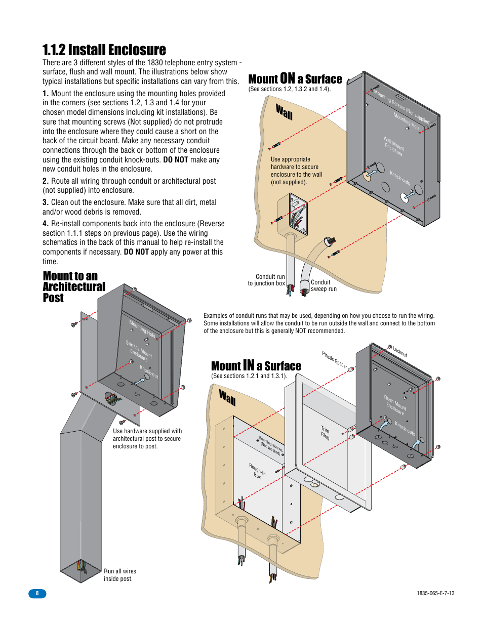 2 install enclosure, Mount, A surface | Mount to an architectural post, Wall | DoorKing 1833 PC Programmable User Manual | Page 10 / 70