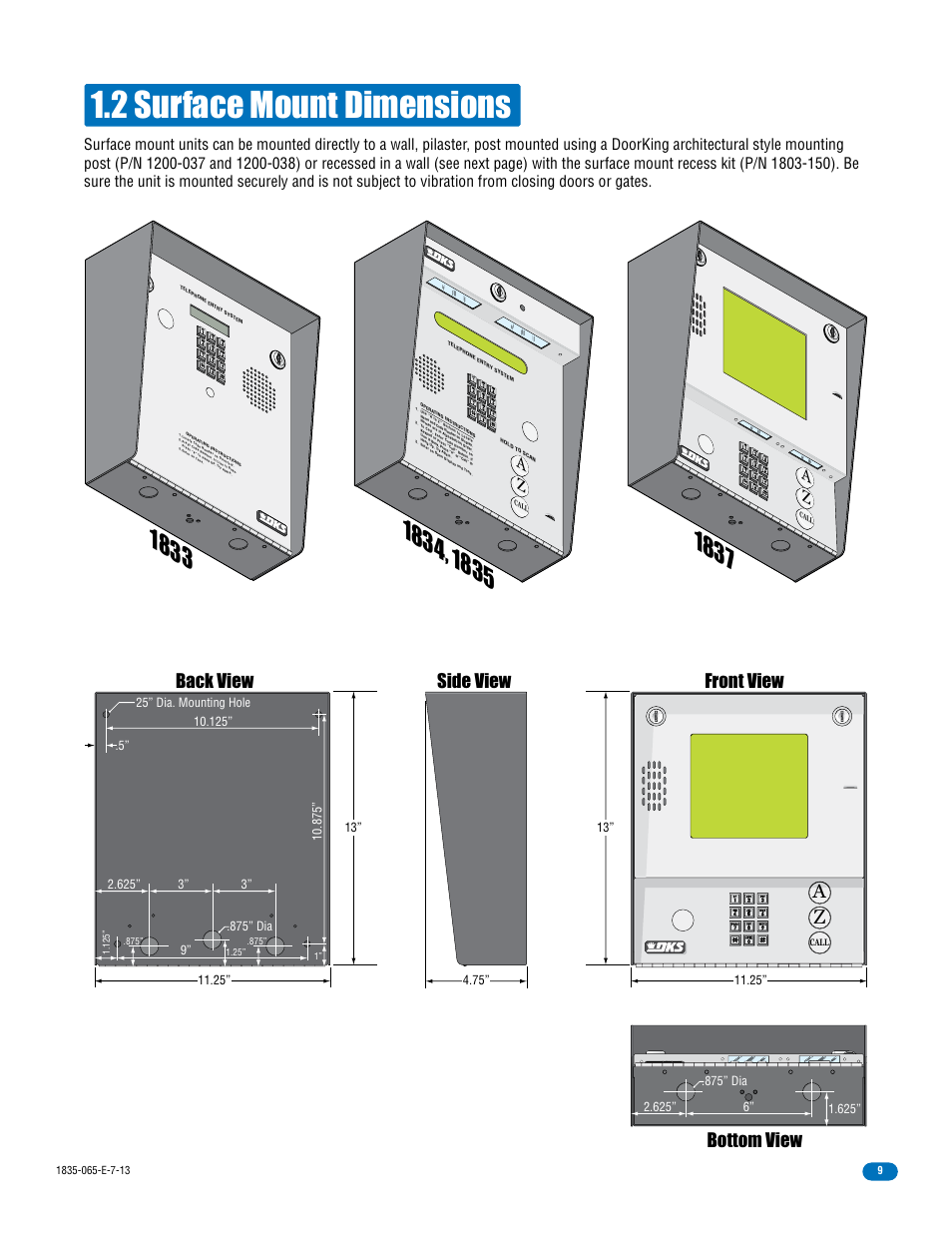 2 surface mount dimensions, Bottom view side view back view front view, Call | DoorKing 1833 PC Programmable User Manual | Page 11 / 70
