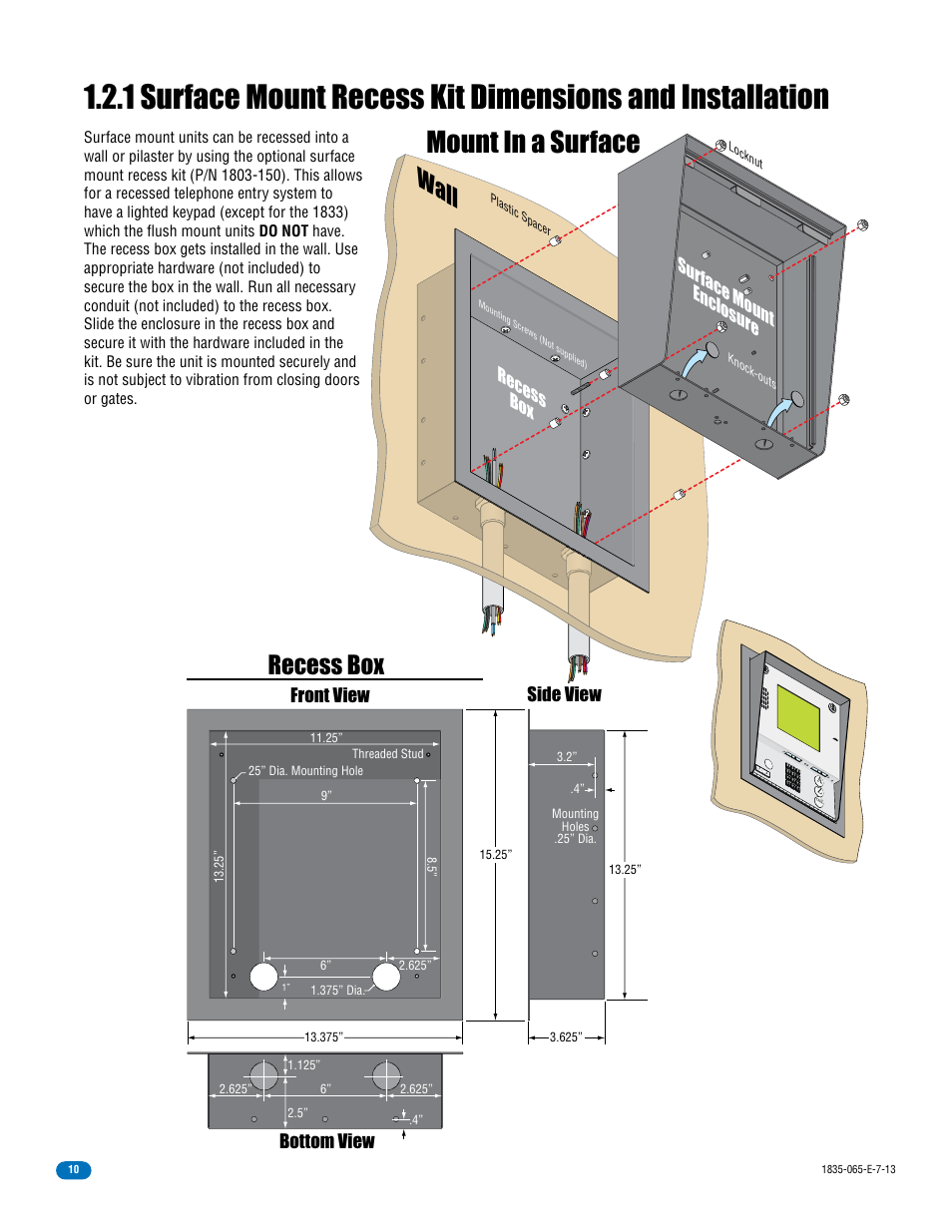 Mount in a surface, Recess box, Wall | Bottom view side view front view, Sur face mount enclosure | DoorKing 1833 PC Programmable User Manual | Page 12 / 70