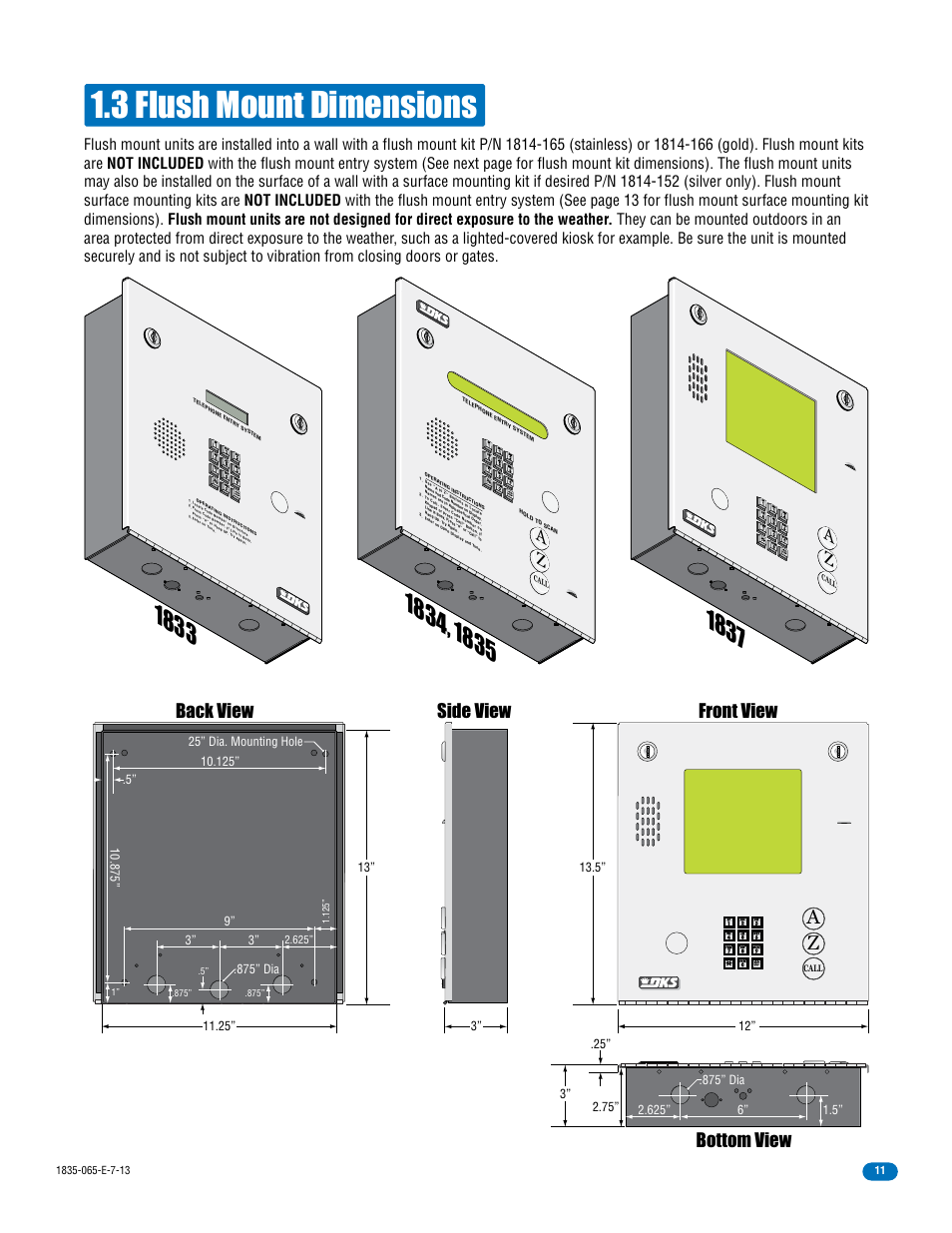 3 flush mount dimensions, Bottom view side view back view front view, Call | DoorKing 1833 PC Programmable User Manual | Page 13 / 70