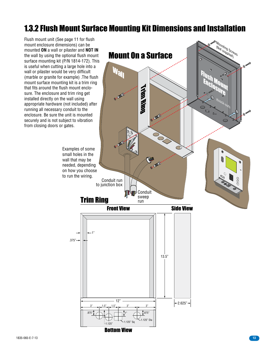 Mount on a surface, Trim ring, Wall trim ring | Flush mount enclosure, Bottom view side view front view | DoorKing 1833 PC Programmable User Manual | Page 15 / 70