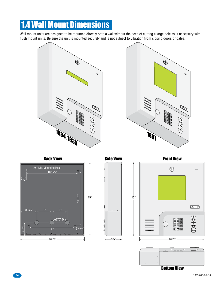 4 wall mount dimensions, Bottom view side view back view front view | DoorKing 1833 PC Programmable User Manual | Page 16 / 70