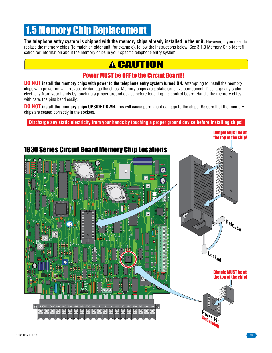 Caution, Power must be off to the circuit board, Do not | Locked release press fit, Dimple must be at the top of the chip, Be careful | DoorKing 1833 PC Programmable User Manual | Page 17 / 70