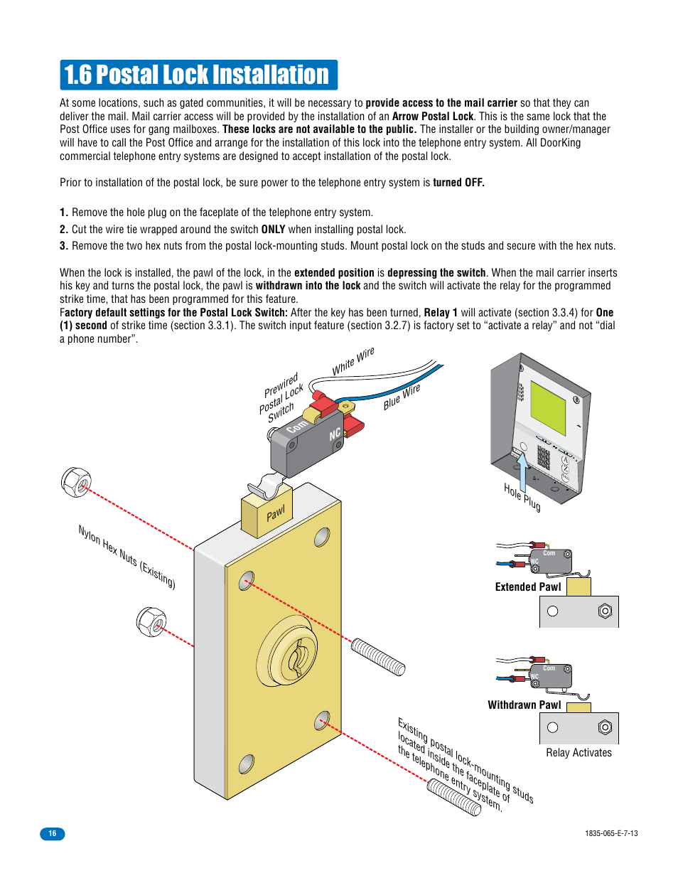 6 postal lock installation | DoorKing 1833 PC Programmable User Manual | Page 18 / 70