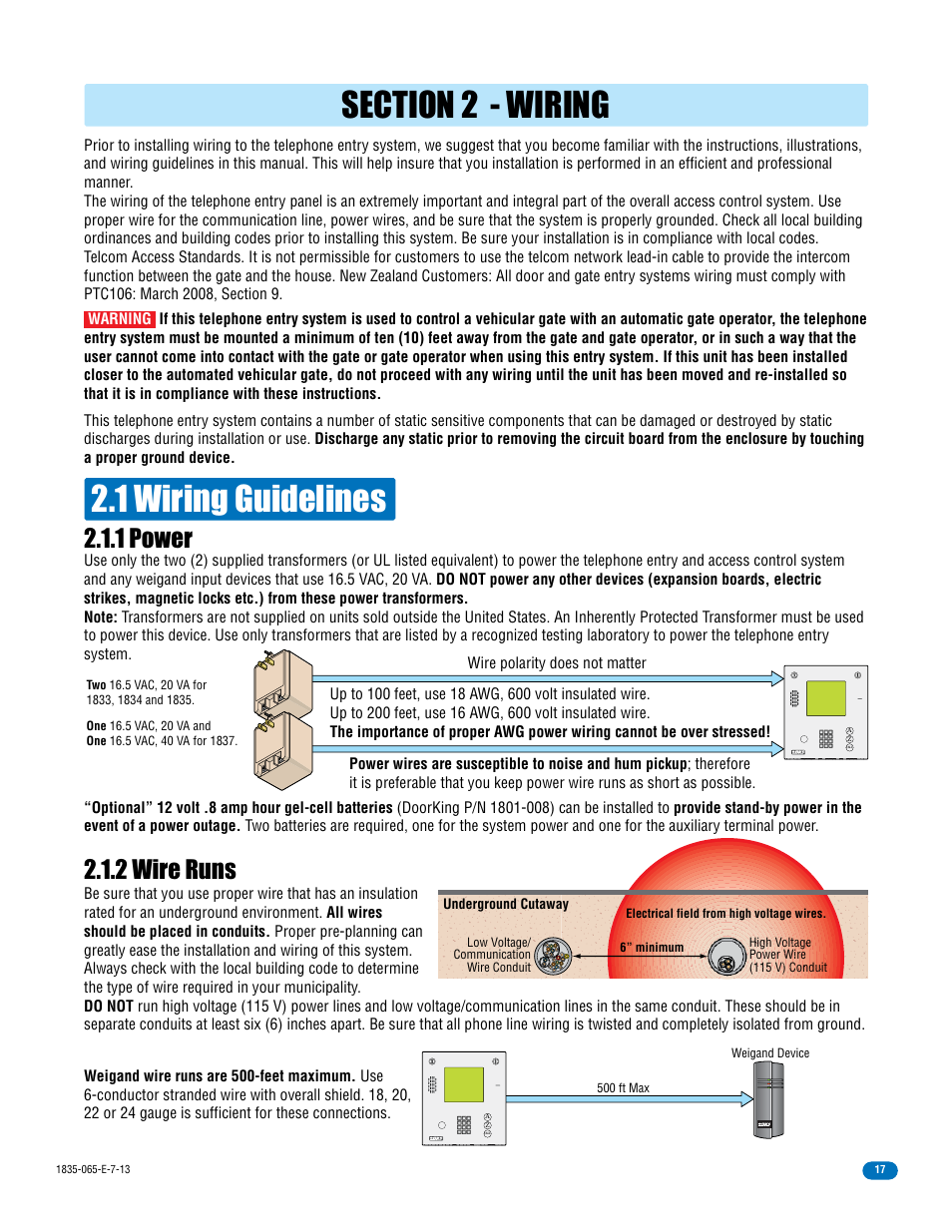 1 wiring guidelines, 1 power 2.1.2 wire runs | DoorKing 1833 PC Programmable User Manual | Page 19 / 70