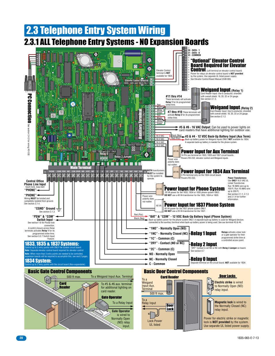 3 telephone entry system wiring, Power input for aux terminal, Power input for 1834 aux terminal | Power input for phone system, Power input for 1837 phone system, Weigand input, Pc connection, 1834 system, Relay 0 input, Relay 2 input | DoorKing 1833 PC Programmable User Manual | Page 22 / 70