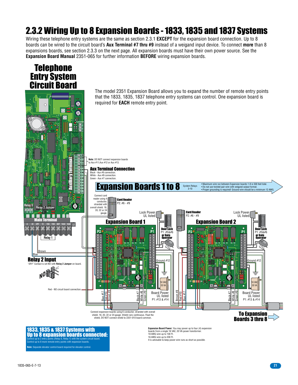 Expansion boards 1 to 8, Telephone entry system circuit board, Relay 2 input | Aux terminal connection, P1 p2, Main terminal | DoorKing 1833 PC Programmable User Manual | Page 23 / 70