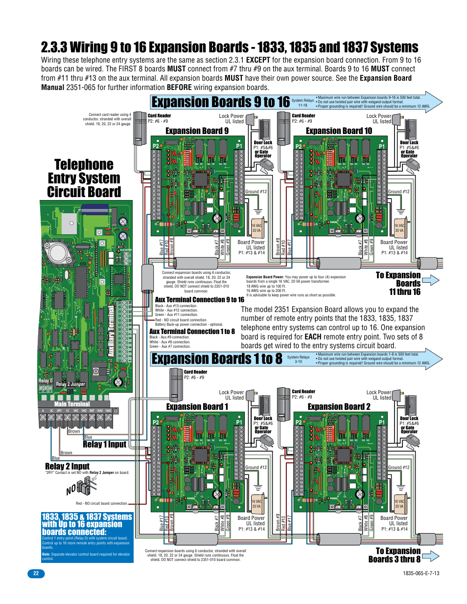 Expansion board 9, Relay 1 input relay 2 input, Aux terminal connection 9 to 16 | Aux terminal connection 1 to 8, P1 p2, Main terminal | DoorKing 1833 PC Programmable User Manual | Page 24 / 70