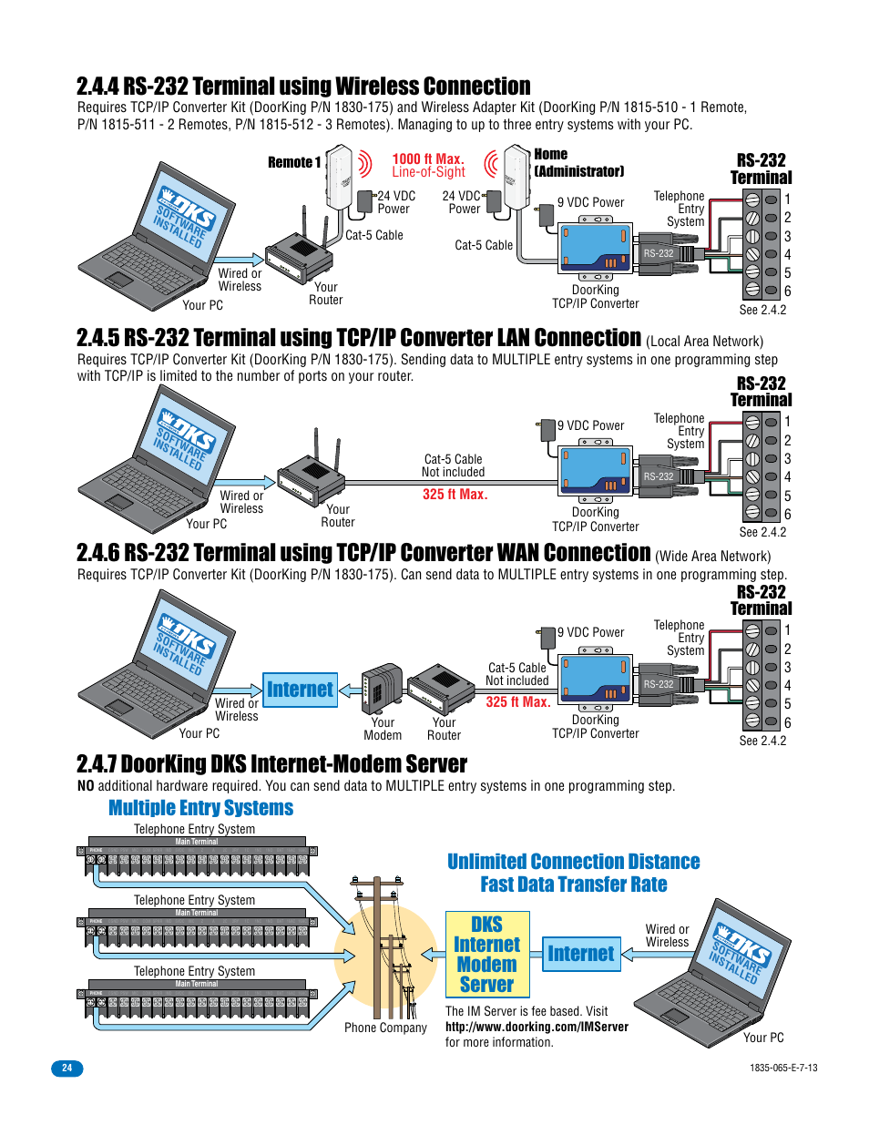 7 doorking dks internet-modem server, 4 rs-232 terminal using wireless connection, Internet multiple entry systems | Rs-232 terminal, 325 ft max, 1000 ft max. line-of-sight, Remote 1 home (administrator) | DoorKing 1833 PC Programmable User Manual | Page 26 / 70