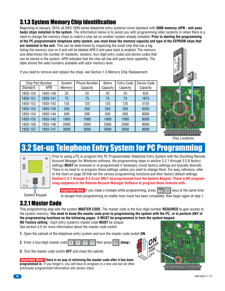 2 set-up telephone entry system for pc programming, 1 master code, Master code | Oper | DoorKing 1833 PC Programmable User Manual | Page 28 / 70