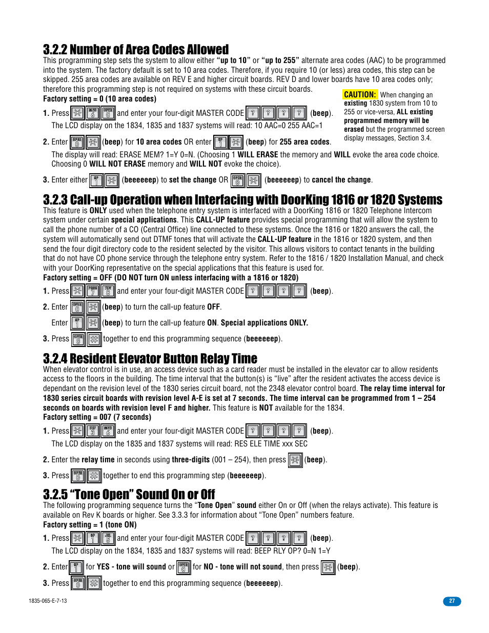 2 number of area codes allowed, 4 resident elevator button relay time, 5 “tone open” sound on or off | DoorKing 1833 PC Programmable User Manual | Page 29 / 70