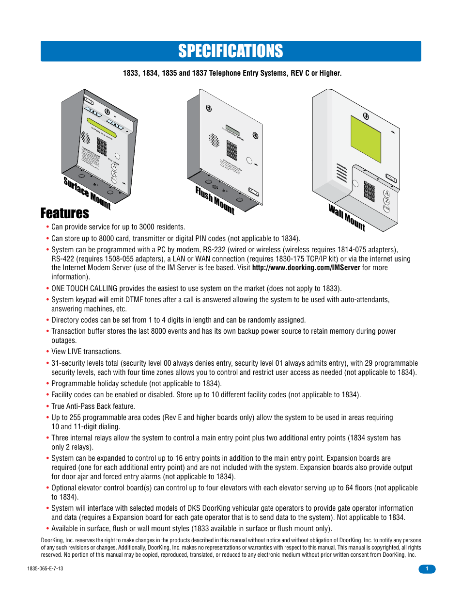 Specifications, Features, Sur face mount flush moun t wall mount | Oper | DoorKing 1833 PC Programmable User Manual | Page 3 / 70