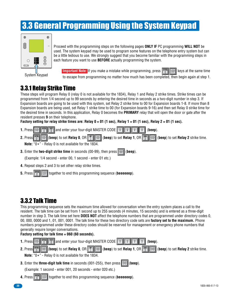 3 general programming using the system keypad, 1 relay strike time, 2 talk time | DoorKing 1833 PC Programmable User Manual | Page 32 / 70